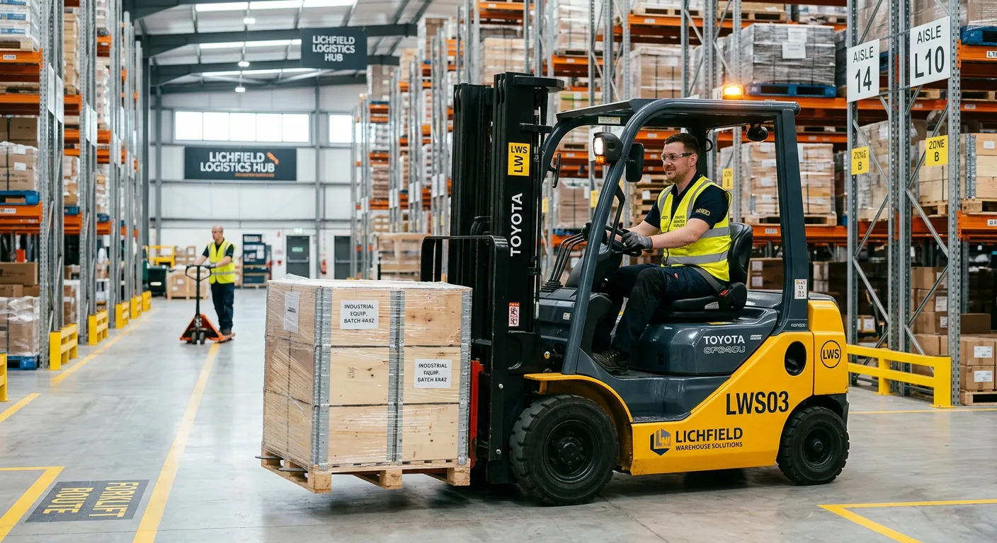 Professional photo of a certified forklift driver operating a counterbalance forklift in a modern, o... Professional photo of a certified forklift driver operating a counterbalance forklift in a modern, organised Lichfield warehouse, focusing on safety and efficiency. The mood should be confident and industrious.