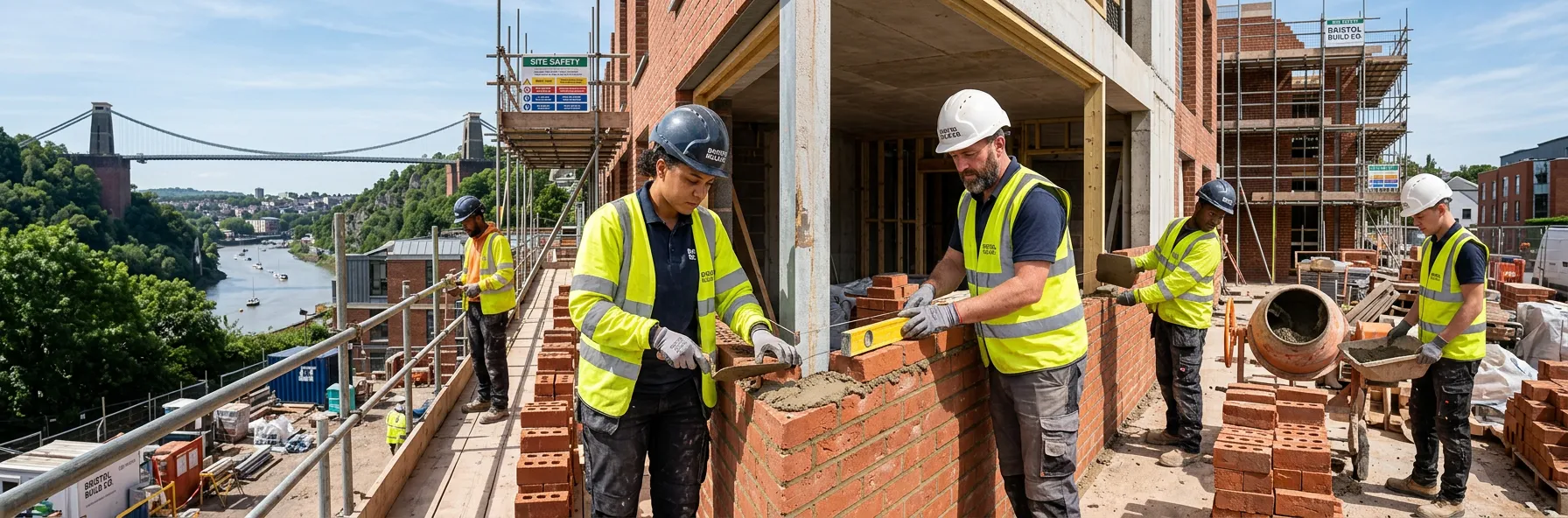 Hero image of a professional bricklaying team working on a modern construction site in Bristol, with... Hero image of a professional bricklaying team working on a modern construction site in Bristol, with the Clifton Suspension Bridge visible in the background. Bright, clear day, focus on skilled workmanship and teamwork.
