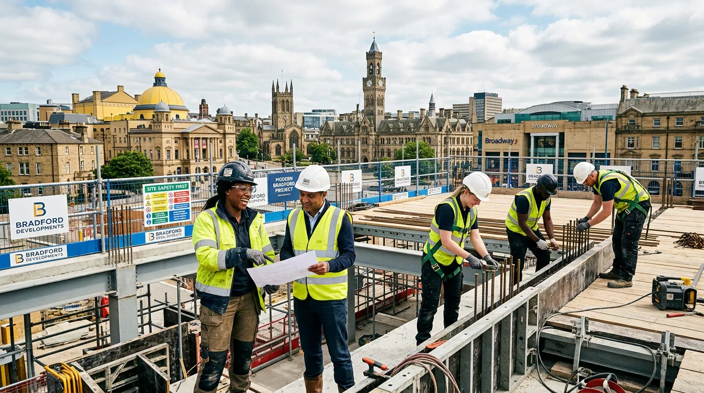 A dynamic, professional hero image showing a diverse construction team on a modern building site in Bradford, with the city skyline in the background. Style is realistic, optimistic, and high-contrast for readability.