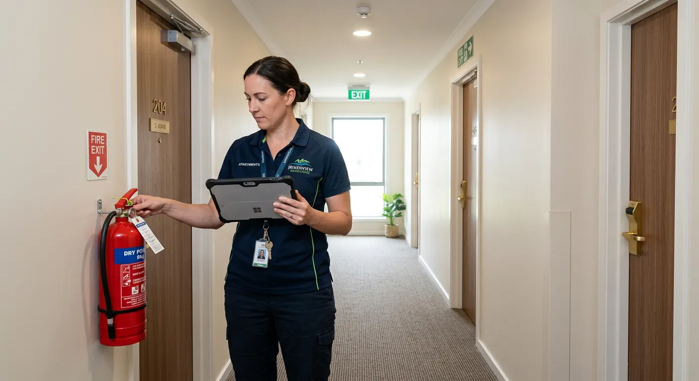 A residential caretaker in a branded polo shirt, holding a digital tablet, conducting a morning insp... A residential caretaker in a branded polo shirt, holding a digital tablet, conducting a morning inspection in a well-lit apartment building hallway, checking fire extinguishers and door closers.