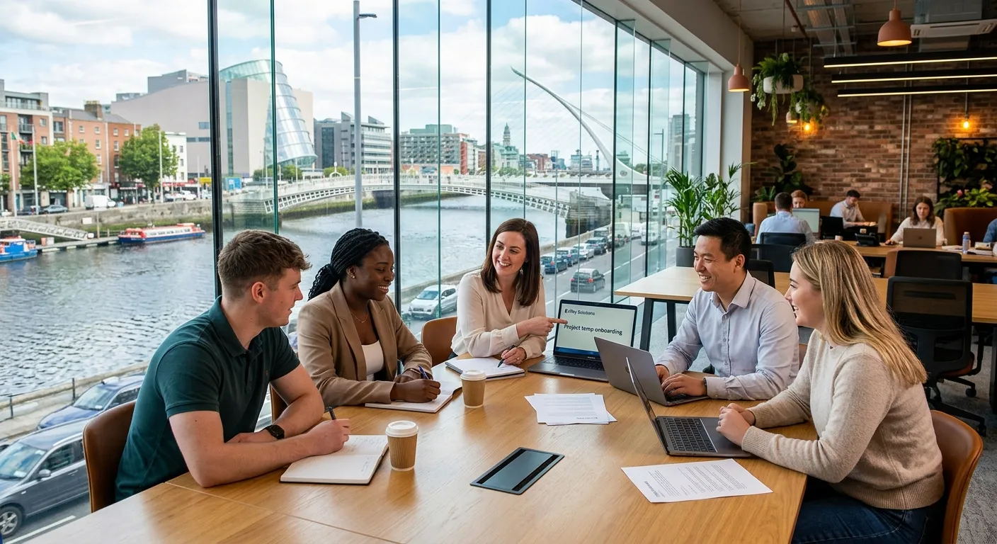 A dynamic, professional photo of a diverse group of temporary workers and a hiring manager collabora... A dynamic, professional photo of a diverse group of temporary workers and a hiring manager collaborating in a modern Dublin office, with the River Liffey visible through a glass window. Style: Authentic, vibrant, and professional.