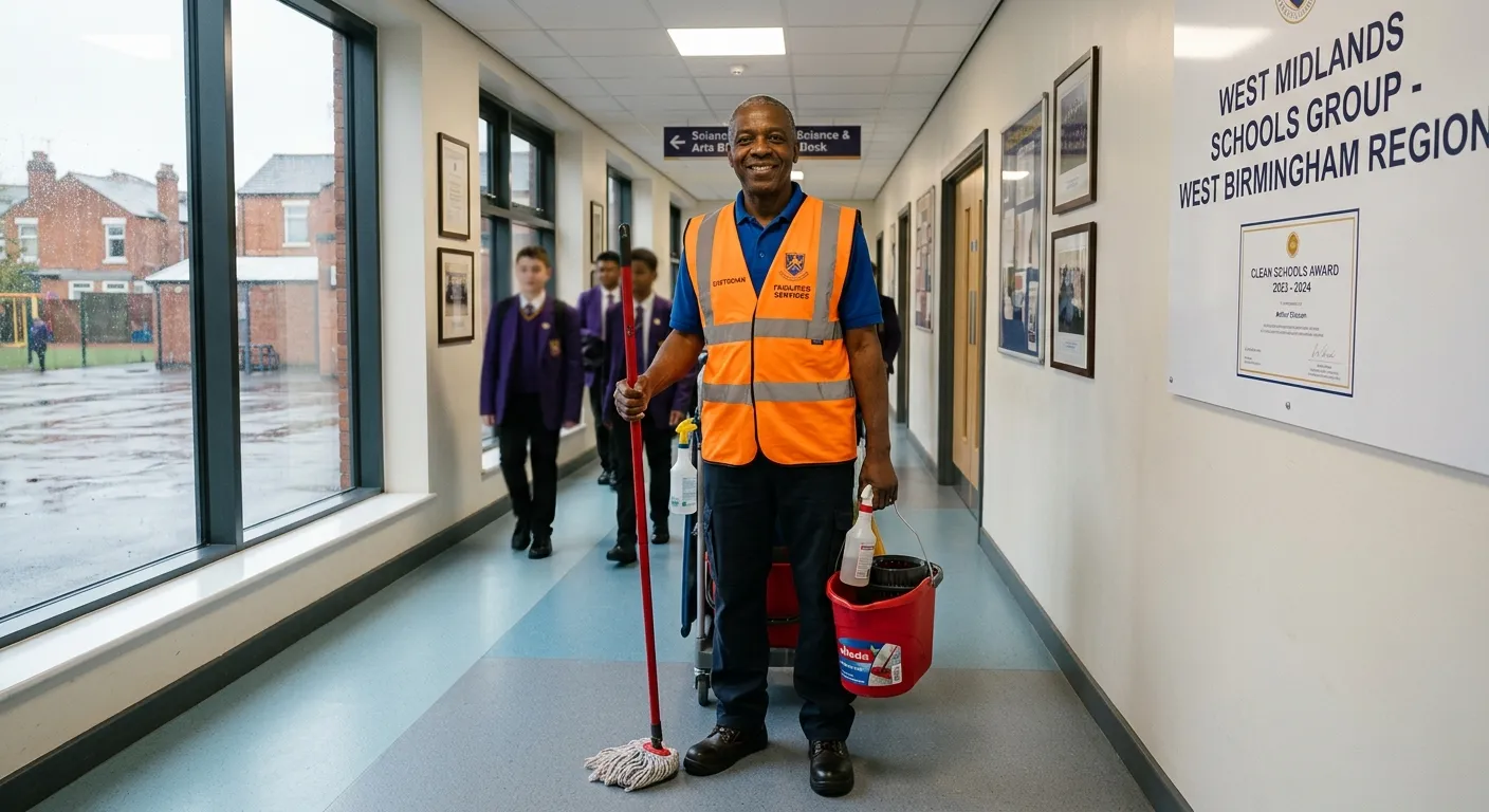 A professional, well-lit photograph of a smiling individual in a clean, modern school corridor weari... A professional, well-lit photograph of a smiling individual in a clean, modern school corridor wearing a hi-vis vest and holding cleaning equipment, conveying a sense of pride and reliability. The image should feel local and specific to the Birmingham area.