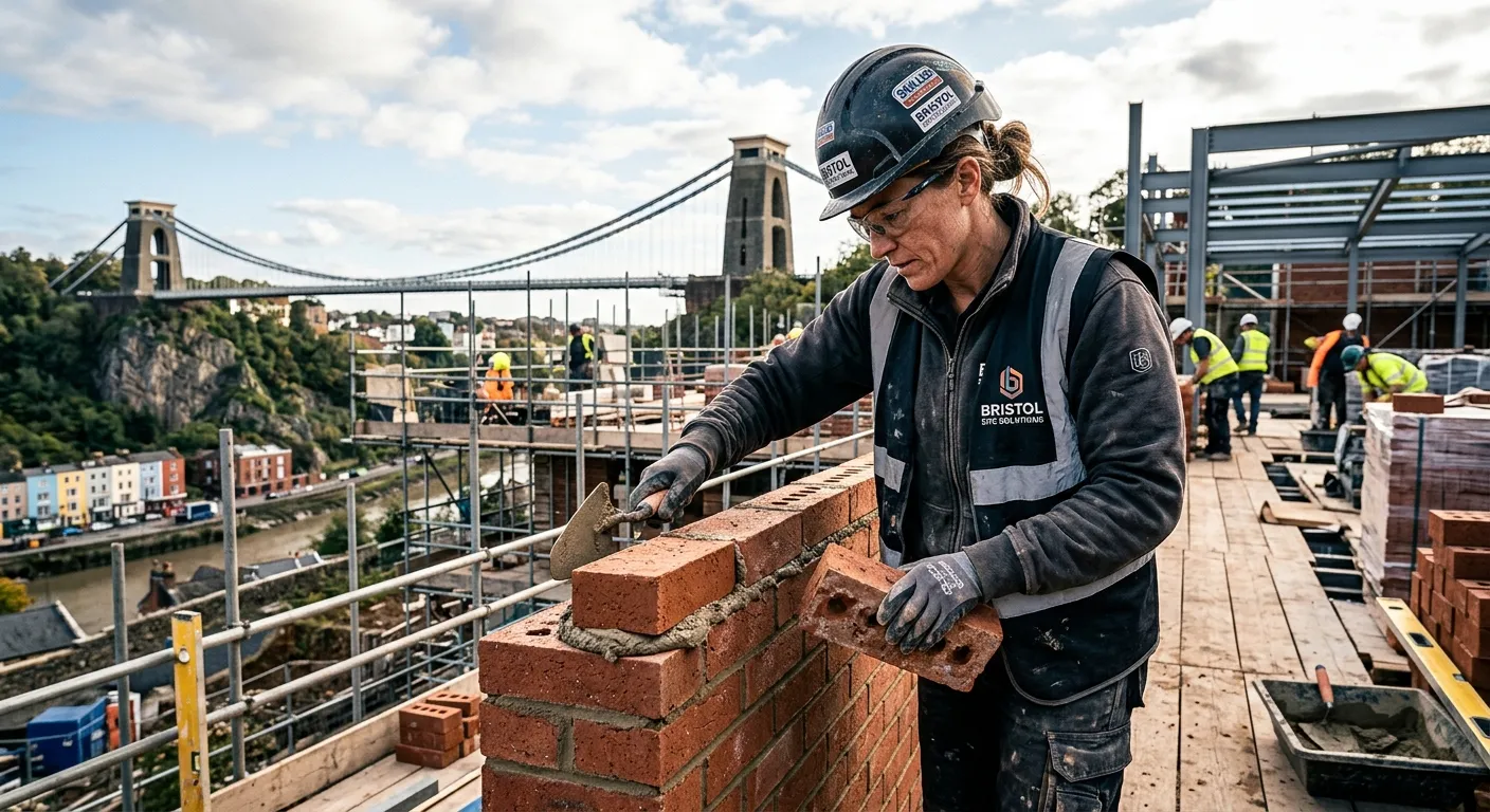 A high-contrast, professional hero image showing a skilled bricklayer at work on a modern constructi... A high-contrast, professional hero image showing a skilled bricklayer at work on a modern construction site in Bristol, with the Clifton Suspension Bridge visible in the background. The worker is laying bricks with precision, showcasing craftsmanship. Style: Inspiring, dynamic, professional. Mood: Productive, skilled, and in-demand.