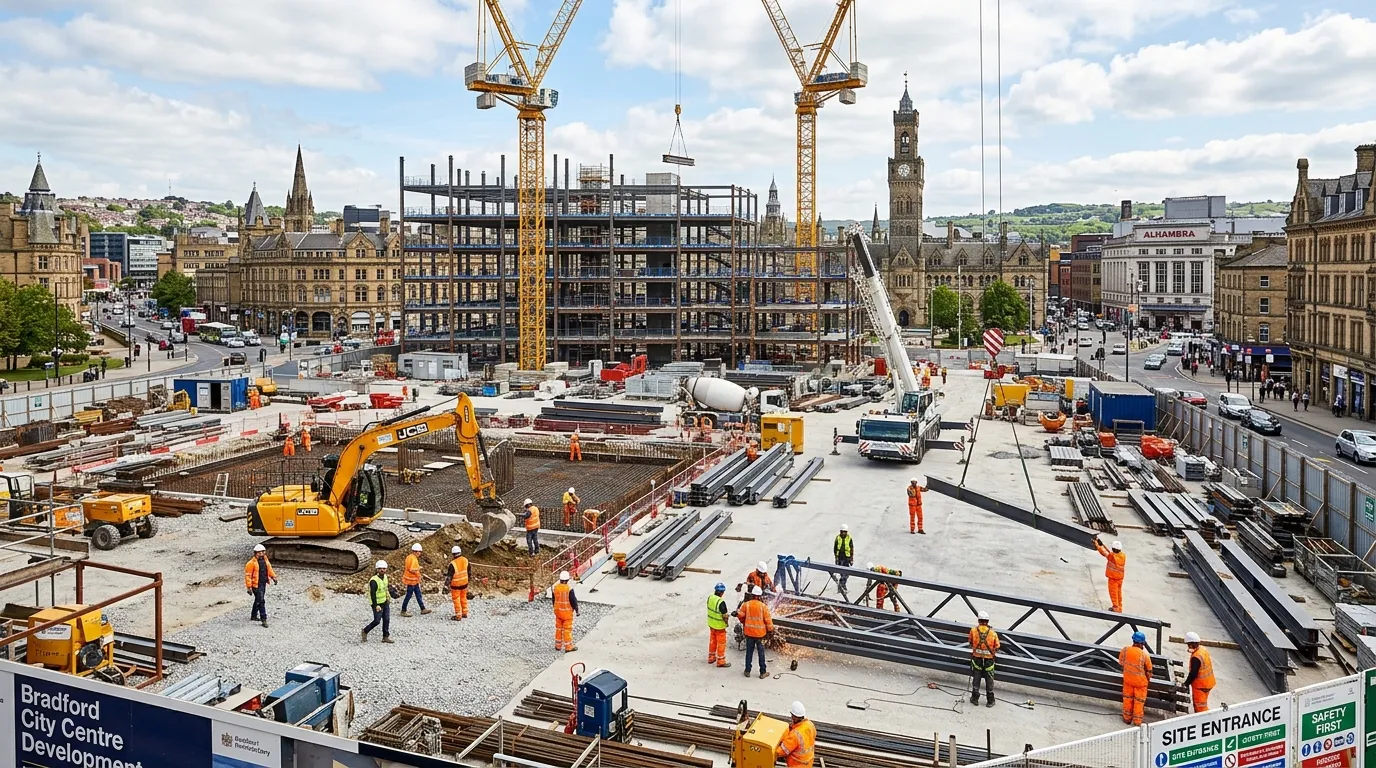 A wide-angle, professional photograph of a busy, modern construction site in Bradford city centre, f... A wide-angle, professional photograph of a busy, modern construction site in Bradford city centre, featuring skilled workers in hi-vis jackets operating machinery, with the Bradford skyline in the background. Style: Vibrant, dynamic, professional. Mood: Productive, industrious, and forward-looking.