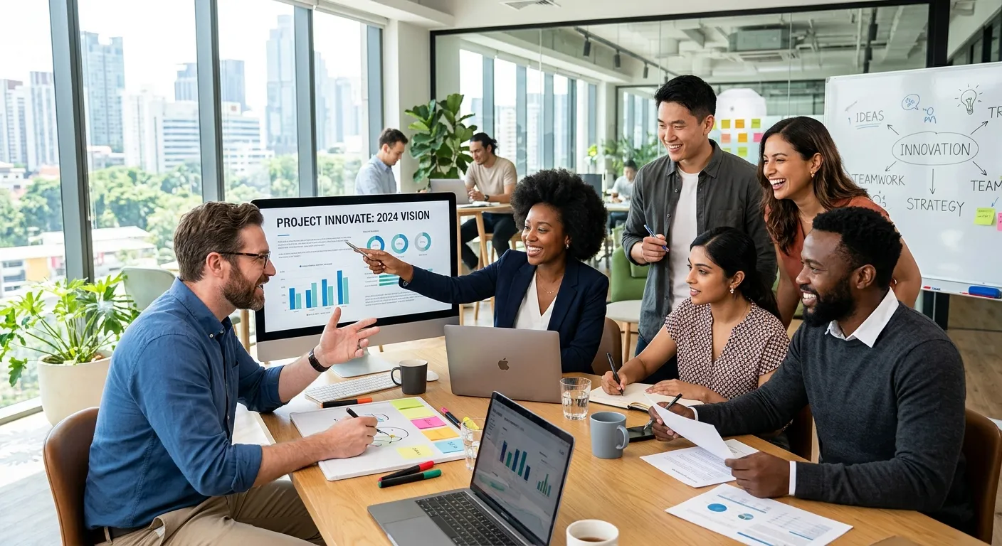 A diverse group of modern professionals collaborating in a bright, sunlit office. Style is professio... A diverse group of modern professionals collaborating in a bright, sunlit office. Style is professional, dynamic, and aspirational, with a focus on teamwork and innovation.