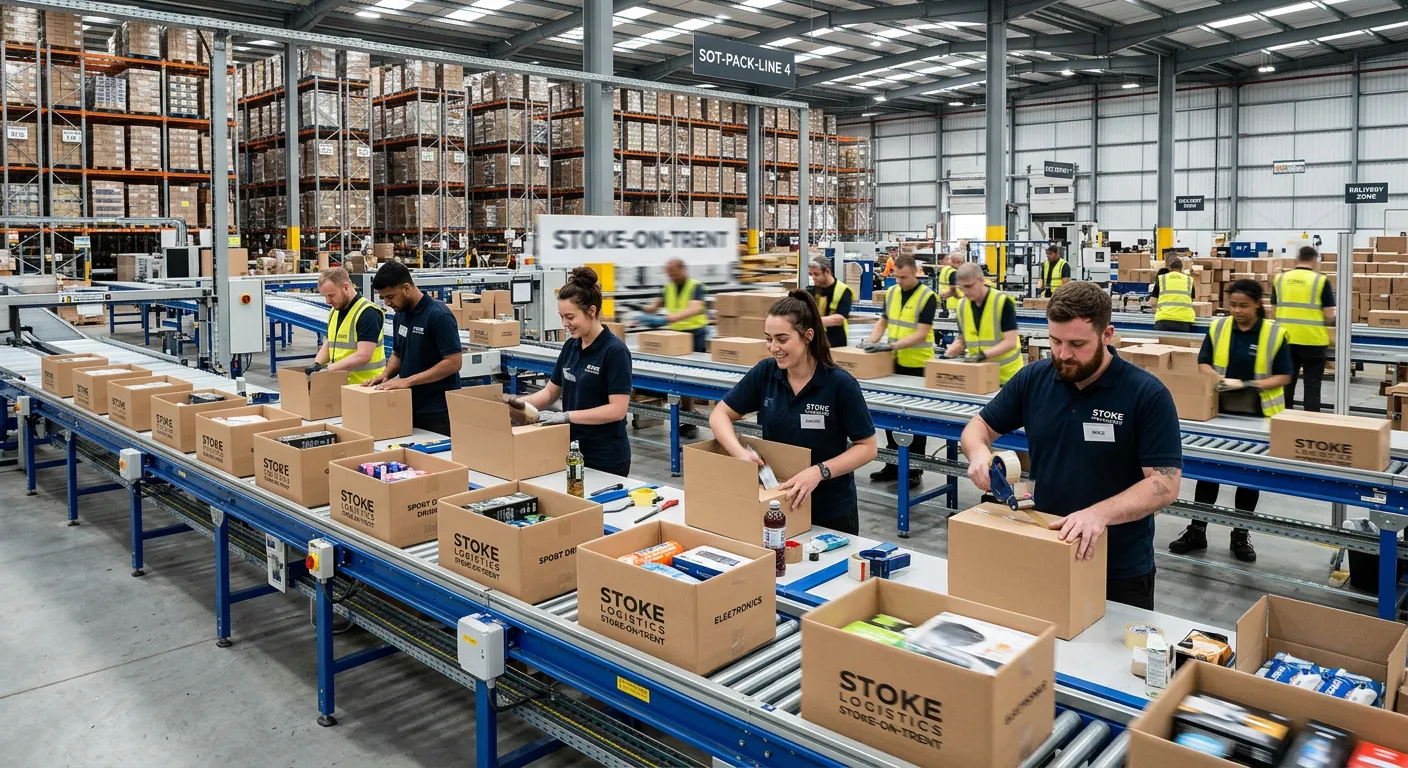 A dynamic, high-energy shot of a modern, clean warehouse in Stoke-on-Trent, with workers efficiently packing goods into boxes on a busy production line. The image conveys professionalism, speed, and industrial scale.