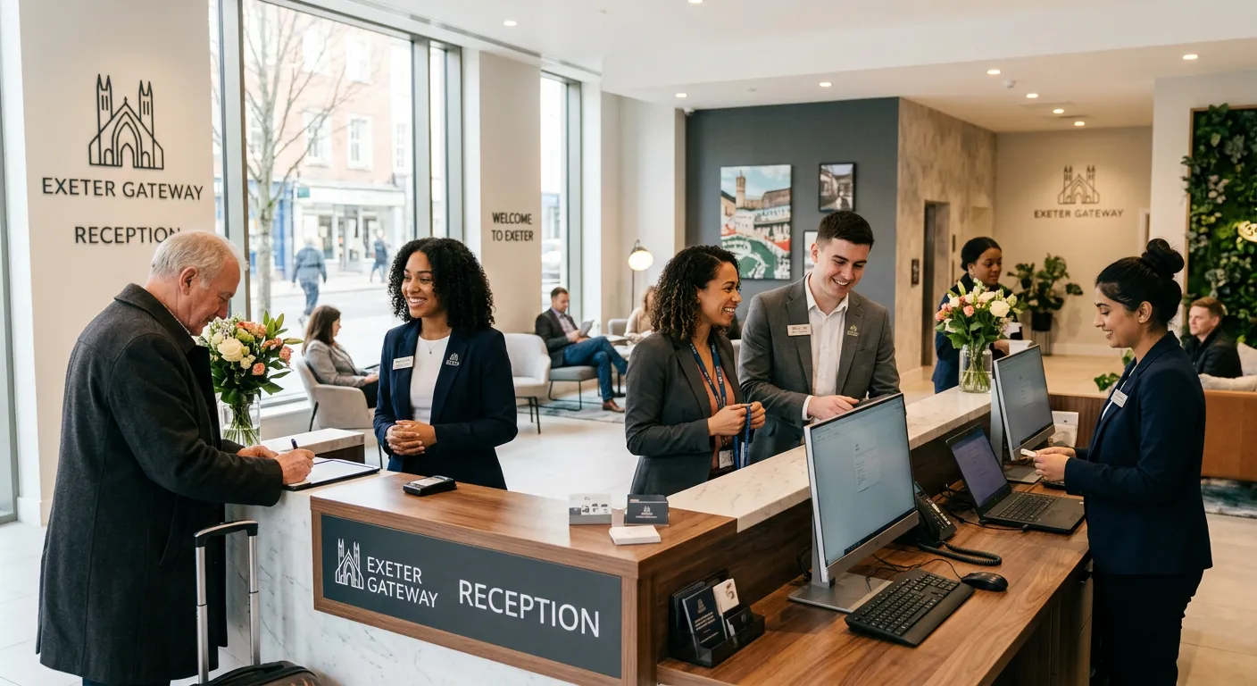 A professional, welcoming image of a diverse team of front of house assistants at work in a modern E... A professional, welcoming image of a diverse team of front of house assistants at work in a modern Exeter hotel or corporate office reception, smiling and assisting guests. Style: Bright, professional, and inviting. Mood: Energetic and welcoming.