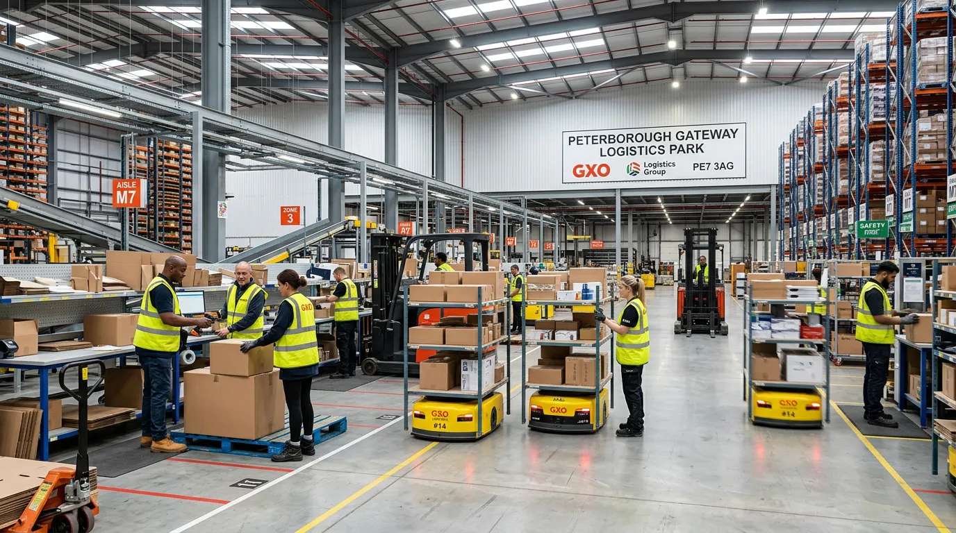 A dynamic, wide-angle photo inside a modern Peterborough warehouse, showing a diverse team of operat... A dynamic, wide-angle photo inside a modern Peterborough warehouse, showing a diverse team of operatives working alongside yellow robotics units, with clear signage for a major logistics park in the background