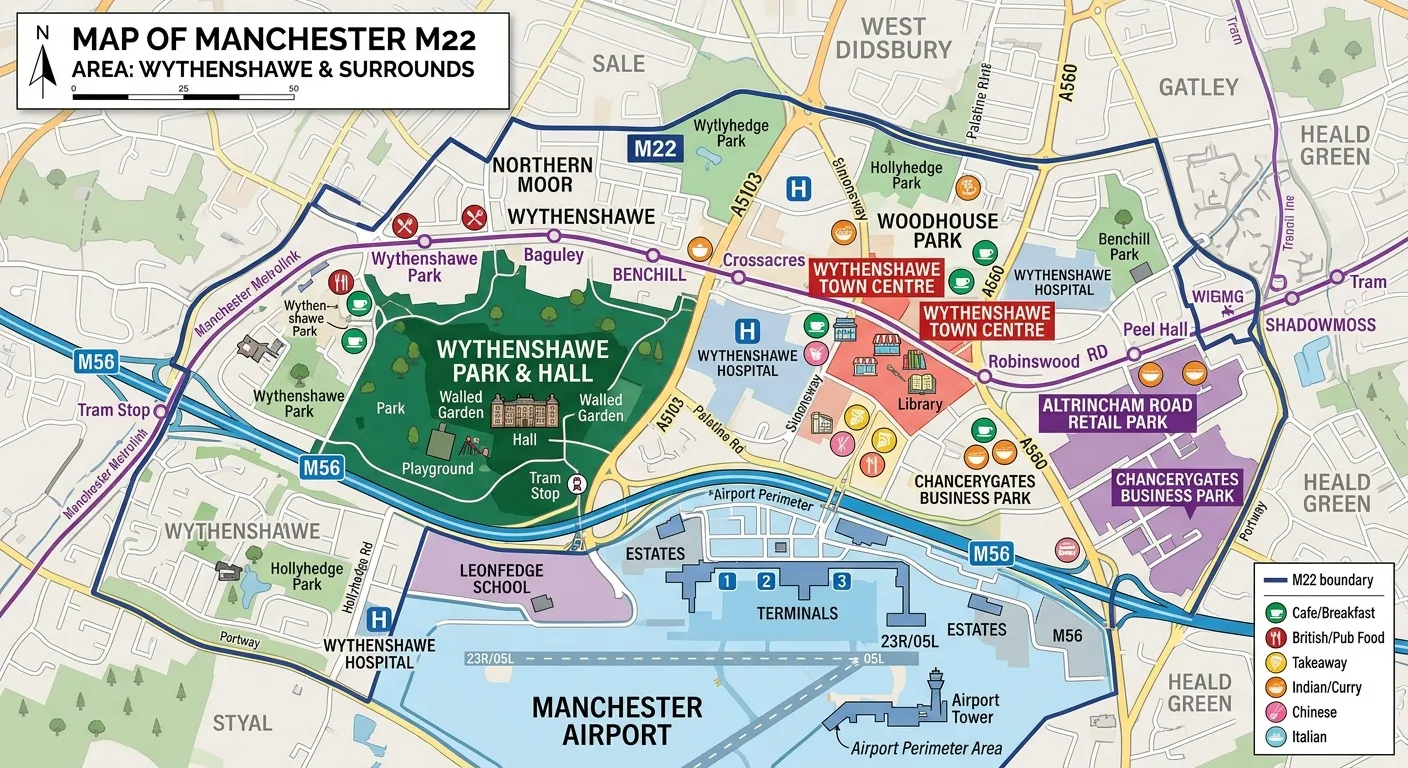 A map of Manchester M22 area highlighting key local landmarks like Wythenshawe Park, Manchester Airp... A map of Manchester M22 area highlighting key local landmarks like Wythenshawe Park, Manchester Airport perimeter, and major retail parks, with icons for different restaurant types.