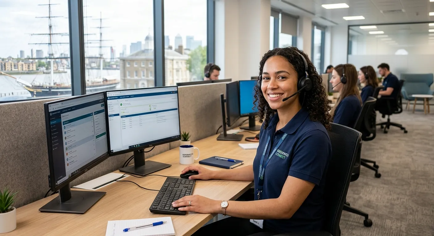 A professional, friendly Call Centre Operator wearing a headset, smiling confidently while working a... A professional, friendly Call Centre Operator wearing a headset, smiling confidently while working at a modern desk in a bright, well-equipped contact centre office, with a view of Greenwich landmarks like the Cutty Sark subtly in the background through a window. Style: Professional, welcoming, local focus.