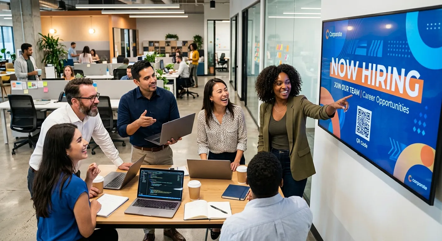 A dynamic, professional hero image showing a diverse team of modern professionals in a collaborative... A dynamic, professional hero image showing a diverse team of modern professionals in a collaborative office environment, with one person pointing to a