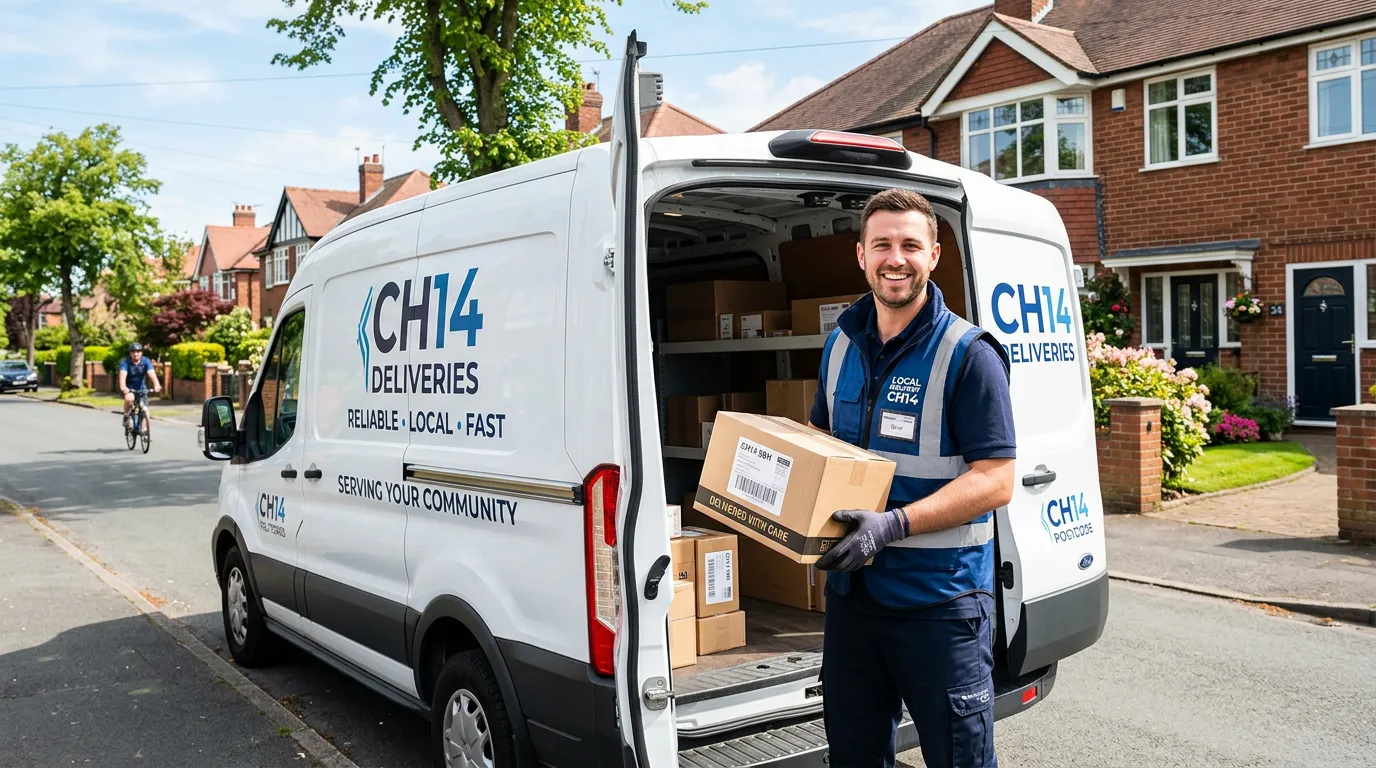 Hero image of a professional delivery driver in CH14, smiling and loading packages into a clean, mod... Hero image of a professional delivery driver in CH14, smiling and loading packages into a clean, modern van on a bright day. The image conveys reliability, efficiency, and local community connection.