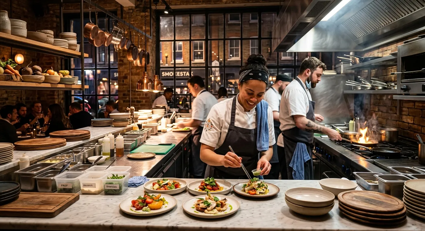 A professional, well-lit kitchen in a Shoreditch restaurant or event space, showing a chef in clean... A professional, well-lit kitchen in a Shoreditch restaurant or event space, showing a chef in clean whites preparing dishes. The mood is energetic, professional, and modern, highlighting the dynamic culinary scene of the area.