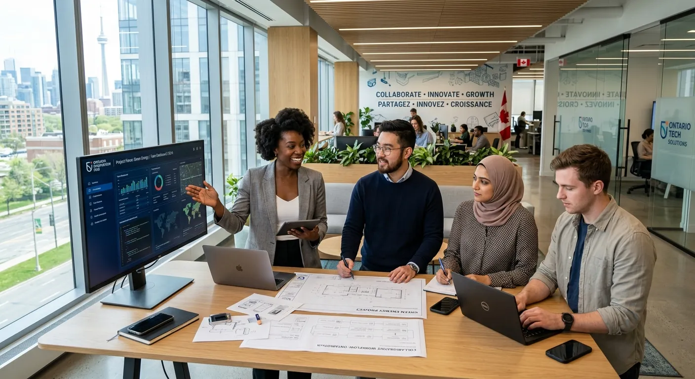 A diverse group of skilled professionals collaborating in a modern Ontario workplace, such as a tech... A diverse group of skilled professionals collaborating in a modern Ontario workplace, such as a tech office or clean manufacturing facility. Style is professional, bright, and forward-looking, emphasizing teamwork and multicultural talent.