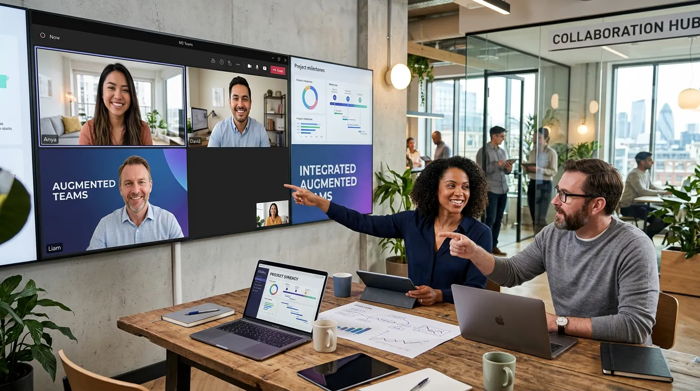 A dynamic, professional hero image showing a diverse team of remote and in-office professionals coll... A dynamic, professional hero image showing a diverse team of remote and in-office professionals collaborating on multiple screens in a modern, bright workspace, symbolizing integrated augmented teams.