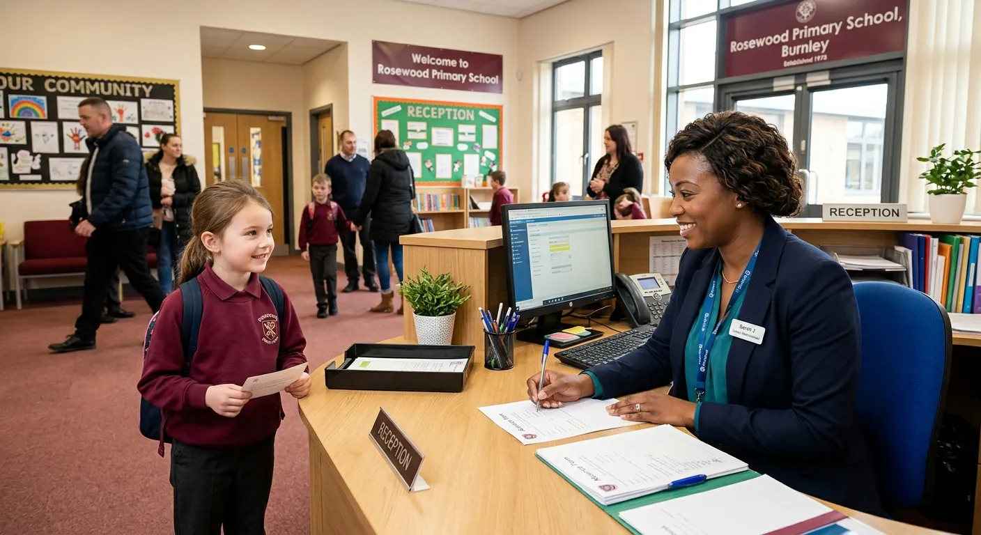 A professional, friendly School Administrator working efficiently at a modern reception desk in a Bu... A professional, friendly School Administrator working efficiently at a modern reception desk in a Burnley primary school, smiling while helping a student. The image should convey organisation, warmth, and a busy educational environment.