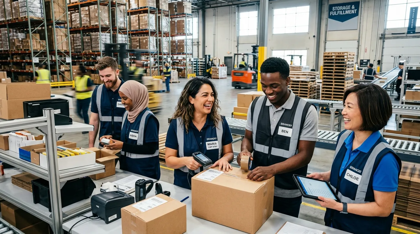 A dynamic, professional hero image showing a diverse group of temp workers in a modern warehouse set... A dynamic, professional hero image showing a diverse group of temp workers in a modern warehouse setting, smiling and collaborating. Style: modern, bright, high-contrast. Mood: energetic, productive, and inclusive.