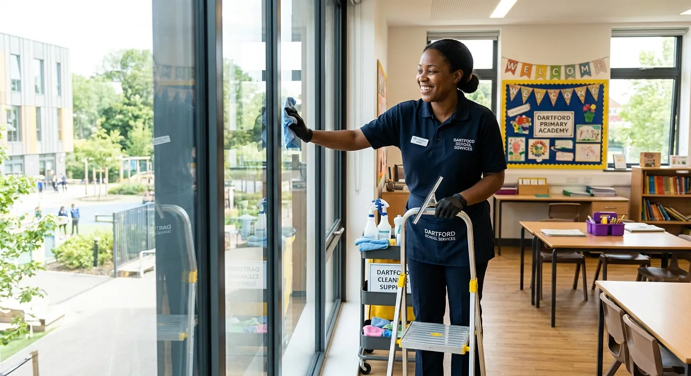 A professional, well-lit photo of a friendly, uniformed cleaner smiling while cleaning a classroom w... A professional, well-lit photo of a friendly, uniformed cleaner smiling while cleaning a classroom window in a modern Dartford school. The image should convey cleanliness, professionalism, and a positive work environment.