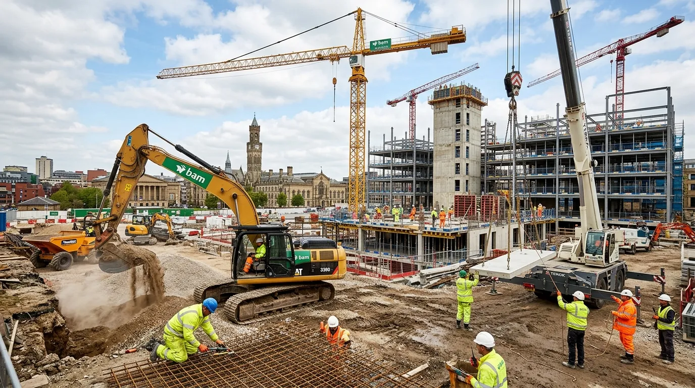 A dynamic, wide-angle shot of a modern construction site in Bradford, showcasing skilled workers in high-visibility gear operating machinery against a backdrop of cranes and new-build structures. Professional, vibrant, and action-oriented mood.