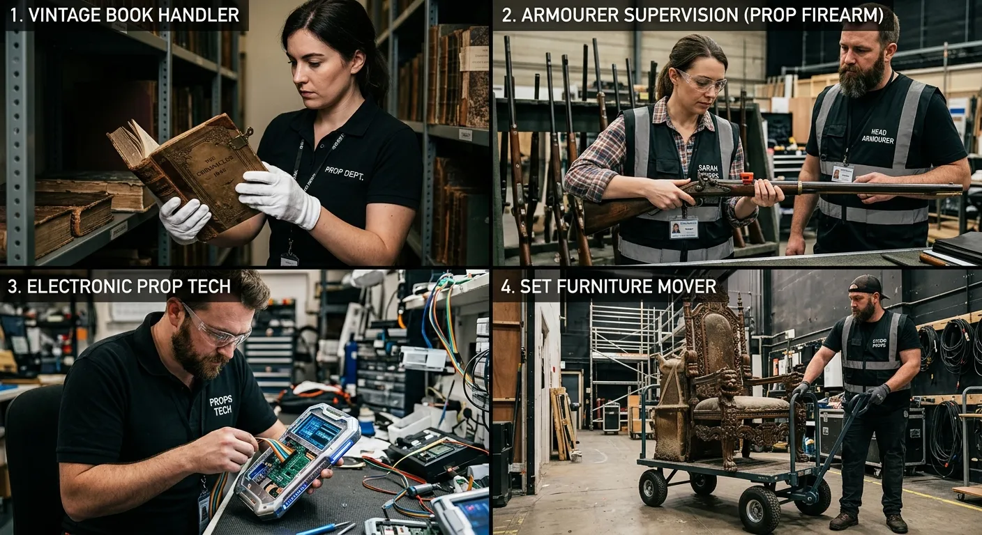 A detailed split-screen image showing four different specialized props handlers at work: one carefully holding a vintage book with white gloves, another in safety glasses checking a prop firearm under an armourer's supervision, a third connecting cables to a futuristic digital prop, and a fourth using a specialized cart to move a large, ornate piece of set furniture.