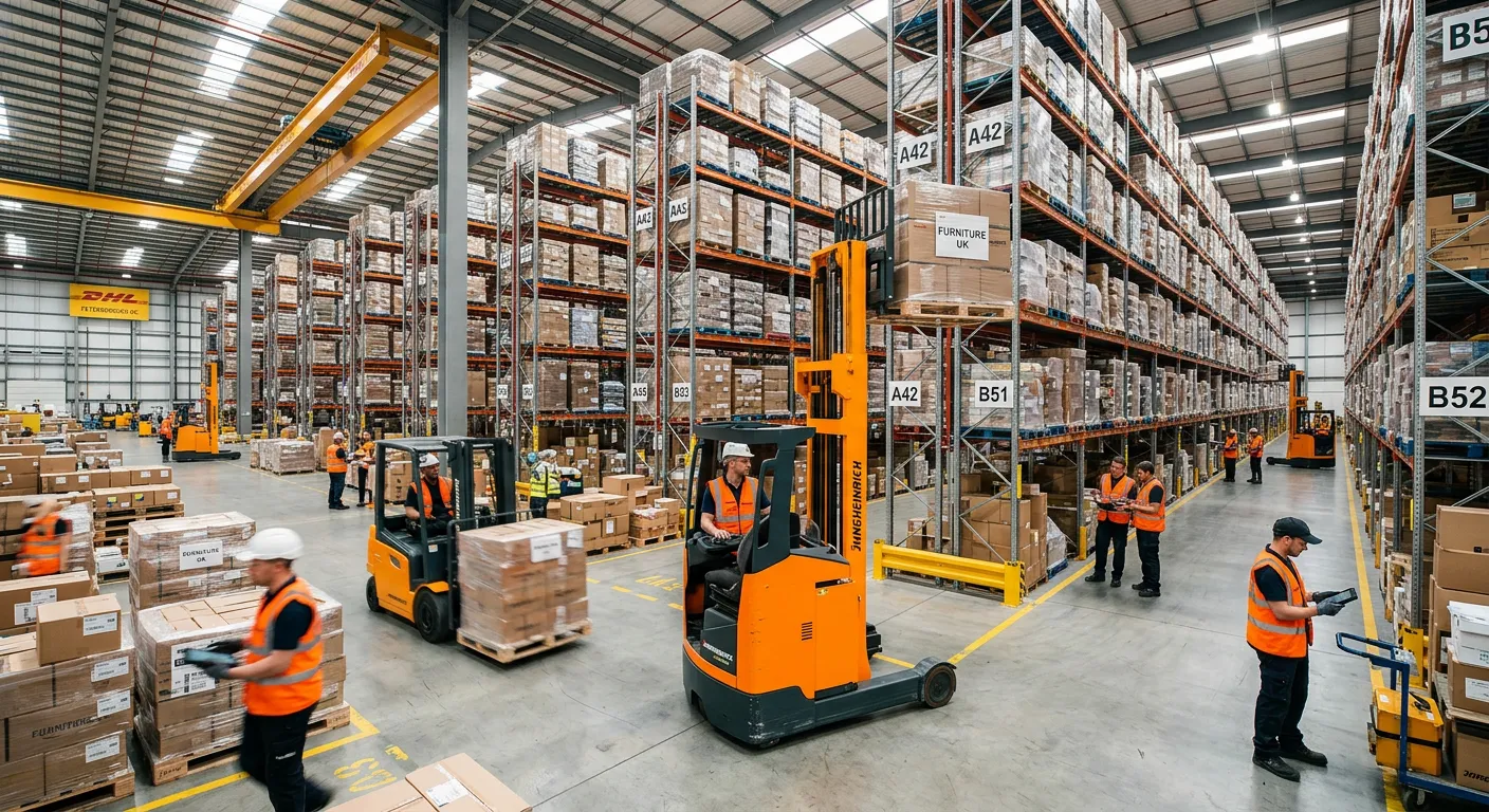 A dynamic, high-energy shot of a modern warehouse in Peterborough with workers operating forklifts a... A dynamic, high-energy shot of a modern warehouse in Peterborough with workers operating forklifts and managing inventory, showcasing efficiency and scale. Professional, vibrant, and aspirational mood.