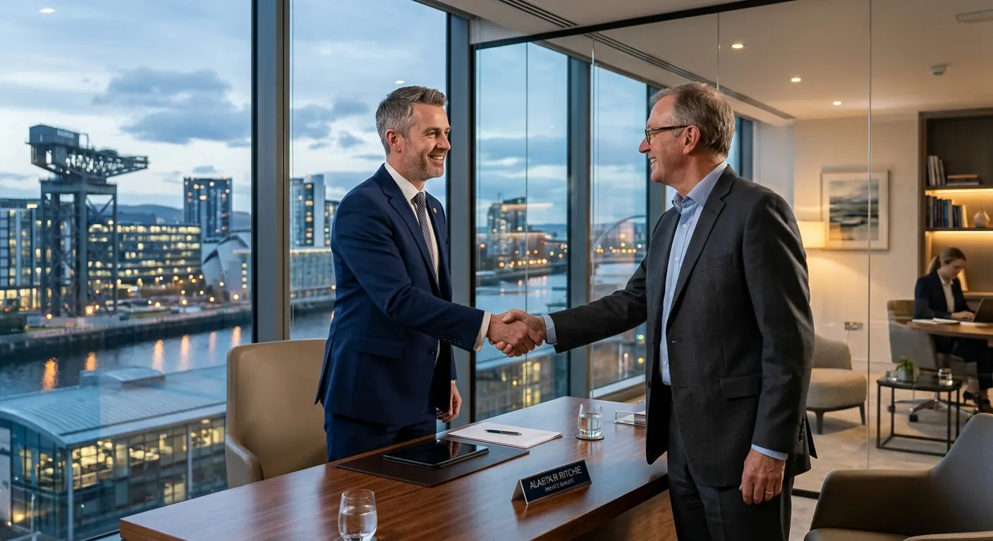 Professional, confident Private Banker in a modern Glasgow financial district office, shaking hands with a client, conveying trust and high-net-worth service.