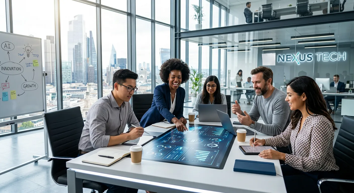 A diverse team of modern professionals collaborating in a bright, high-tech office. Style: Professional, aspirational, high-contrast. Mood: Confident, efficient, forward-thinking.