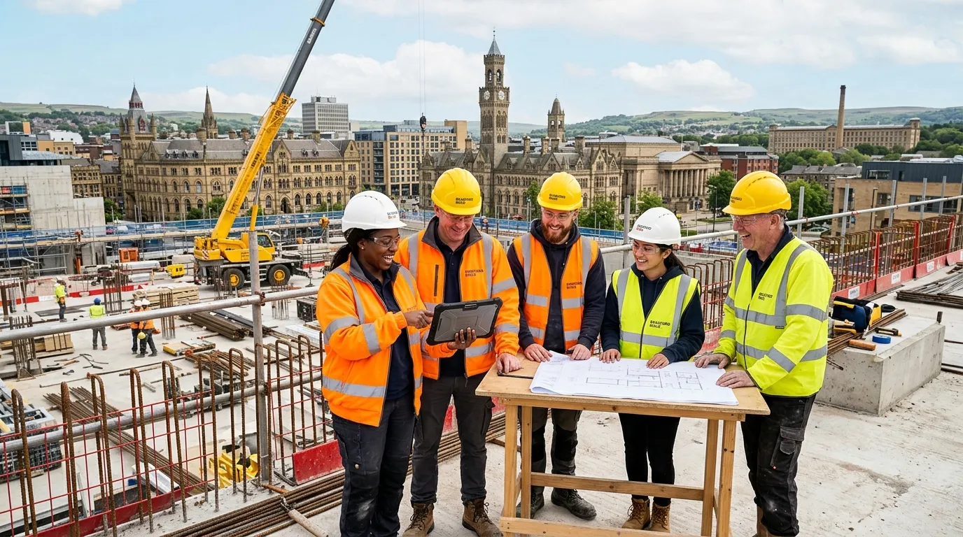 A professional, high-energy hero image featuring a diverse construction team on a modern building si... A professional, high-energy hero image featuring a diverse construction team on a modern building site in Bradford, with the city skyline in the background. They are smiling and collaborating, wearing high-visibility jackets and hard hats. Style: Vibrant, realistic, inspiring.
