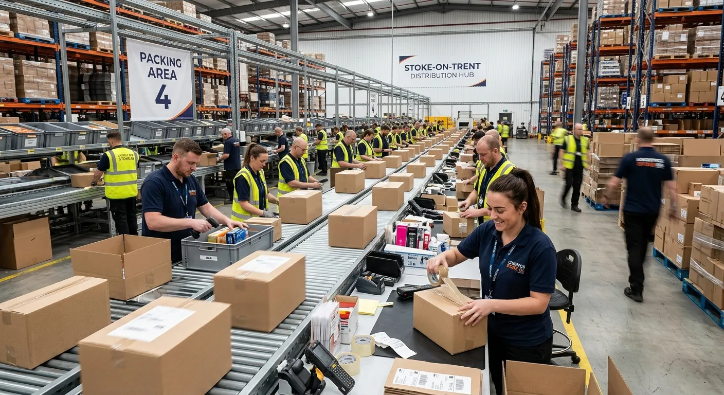A dynamic, high-energy shot of a modern warehouse packing line in Stoke-on-Trent, with focused opera... A dynamic, high-energy shot of a modern warehouse packing line in Stoke-on-Trent, with focused operatives efficiently packing goods, conveying a sense of professionalism and industry.