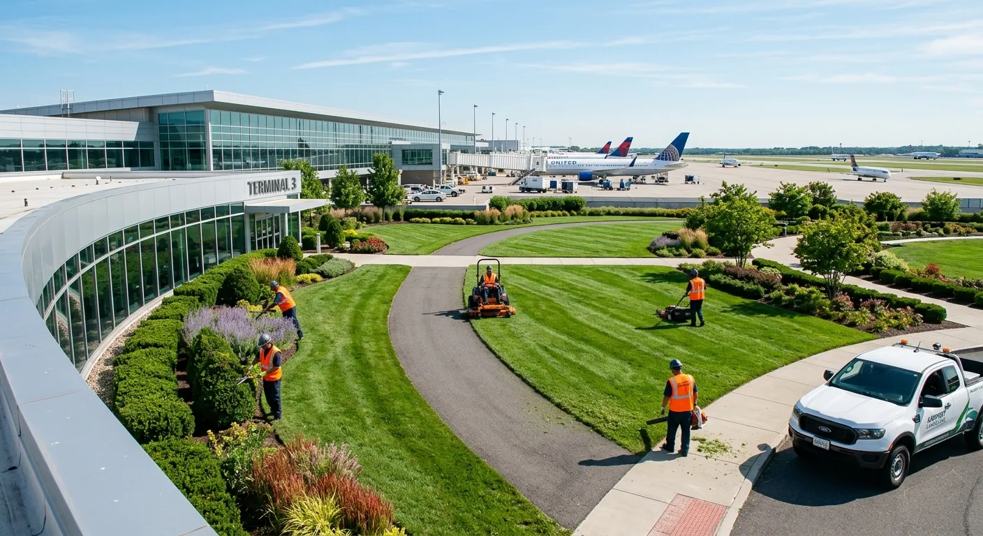 A high-angle, professional shot of an immaculate airport landscape crew in high-visibility vests, me... A high-angle, professional shot of an immaculate airport landscape crew in high-visibility vests, meticulously maintaining pristine green lawns and ornamental shrubs near a modern airport terminal under a clear blue sky. Style: Inspirational, professional, and clean.