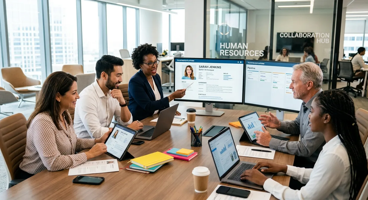 A diverse team of HR professionals and hiring managers collaborating in a modern office, reviewing c... A diverse team of HR professionals and hiring managers collaborating in a modern office, reviewing candidate profiles on multiple digital screens. Style: Professional, bright, high-resolution. Mood: Collaborative, efficient, and forward-thinking.