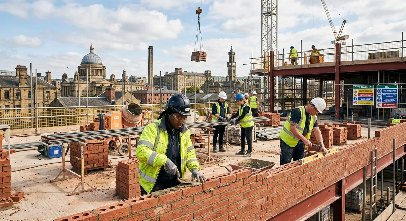 A dynamic, professional construction site in Bradford, West Yorkshire, showing a diverse team of ski... A dynamic, professional construction site in Bradford, West Yorkshire, showing a diverse team of skilled workers engaged in bricklaying and structural work against a backdrop of the city skyline. Style: Realistic, vibrant, and inspiring. Mood: Professional, productive, and collaborative.