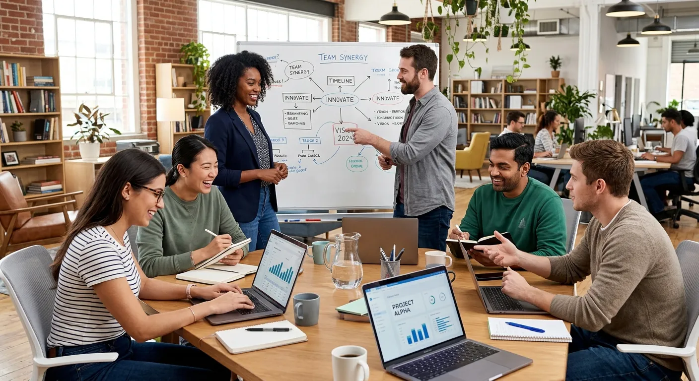 A modern, diverse team of professionals collaborating in a bright, open-plan office. The mood is ene... A modern, diverse team of professionals collaborating in a bright, open-plan office. The mood is energetic, professional, and forward-thinking, with a focus on teamwork and technology.