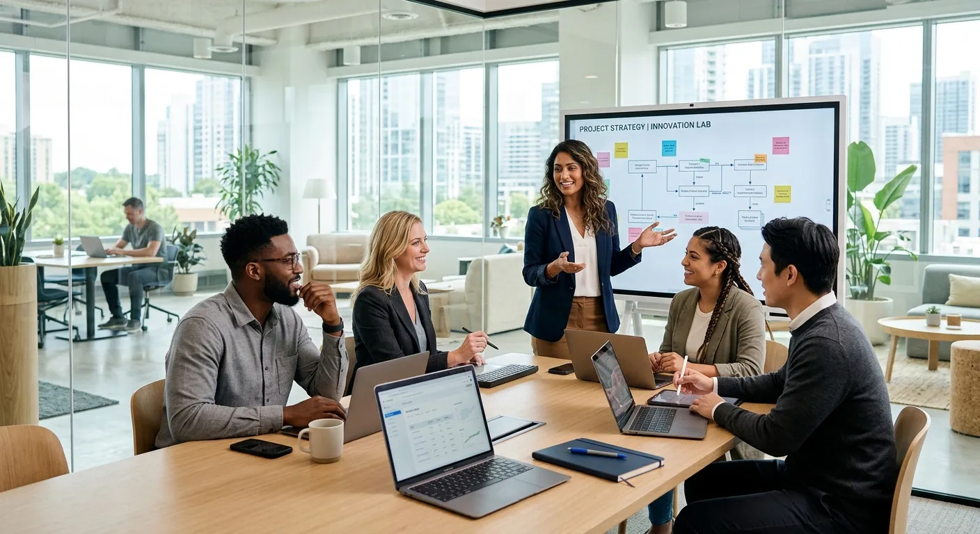A diverse team of modern professionals collaborating in a bright, airy office. Style is professional, dynamic, and forward-looking, with a focus on human connection and technology. Mood is optimistic and efficient.