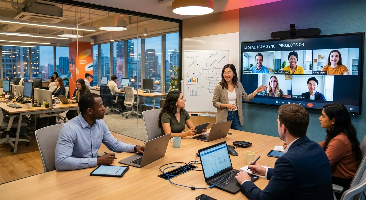 A dynamic, professional scene showing a modern office team collaborating with remote workers on digi... A dynamic, professional scene showing a modern office team collaborating with remote workers on digital screens. Style: Corporate, vibrant, high-tech. Mood: Collaborative, efficient, forward-thinking.