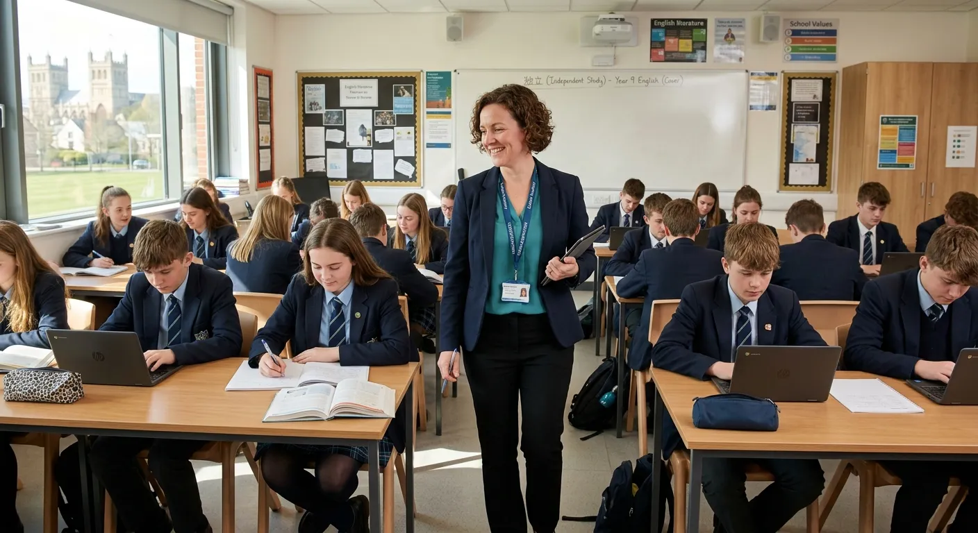 A professional, friendly Cover Supervisor in a modern Exeter secondary school classroom, smiling whi... A professional, friendly Cover Supervisor in a modern Exeter secondary school classroom, smiling while overseeing students working independently. The image should convey competence, calm authority, and a positive learning environment.