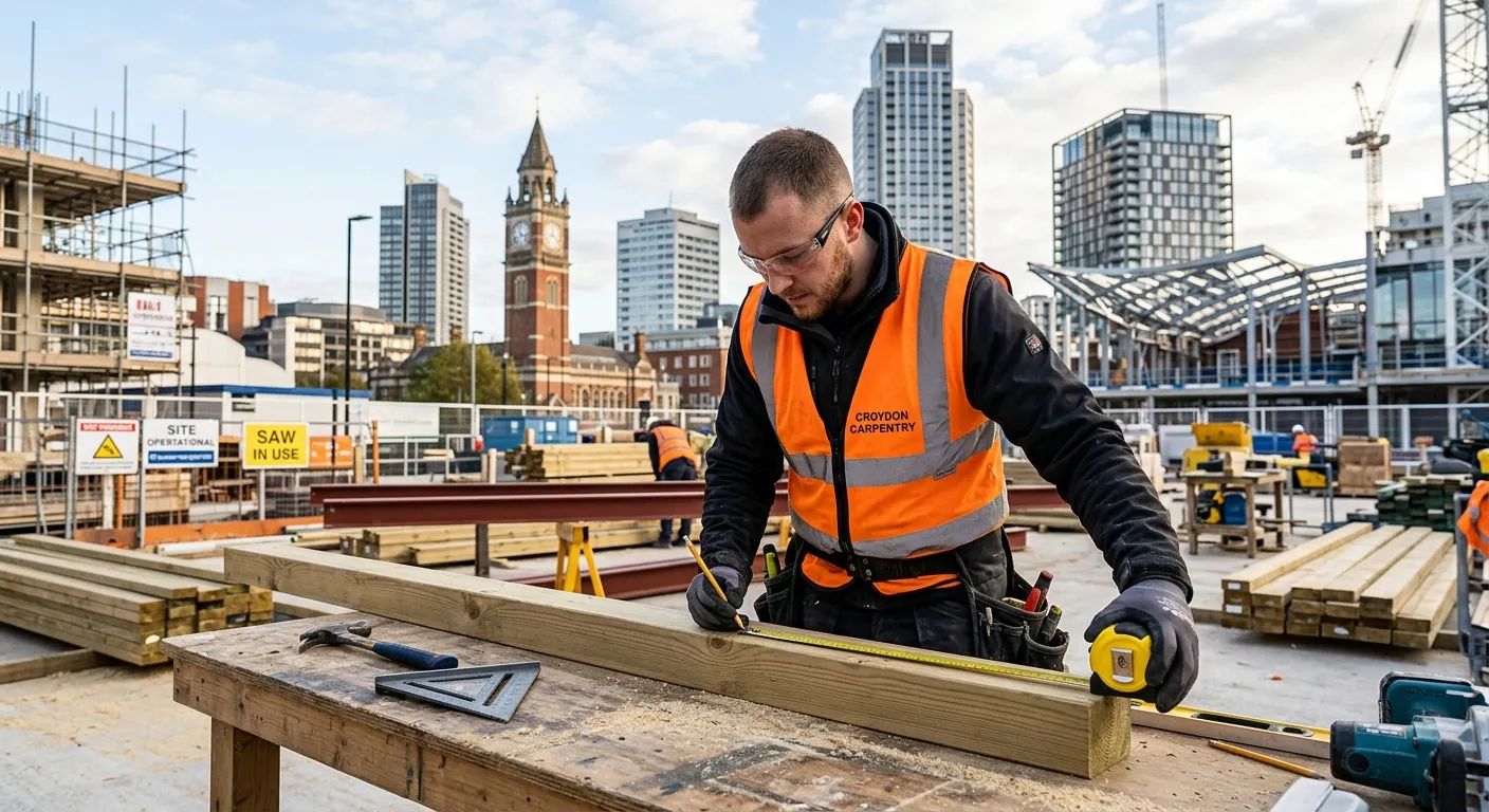A professional, skilled carpenter in Croydon, wearing a high-vis vest and safety glasses, precisely... A professional, skilled carpenter in Croydon, wearing a high-vis vest and safety glasses, precisely measuring a piece of timber on a clean, well-lit construction site, conveying expertise and local work.