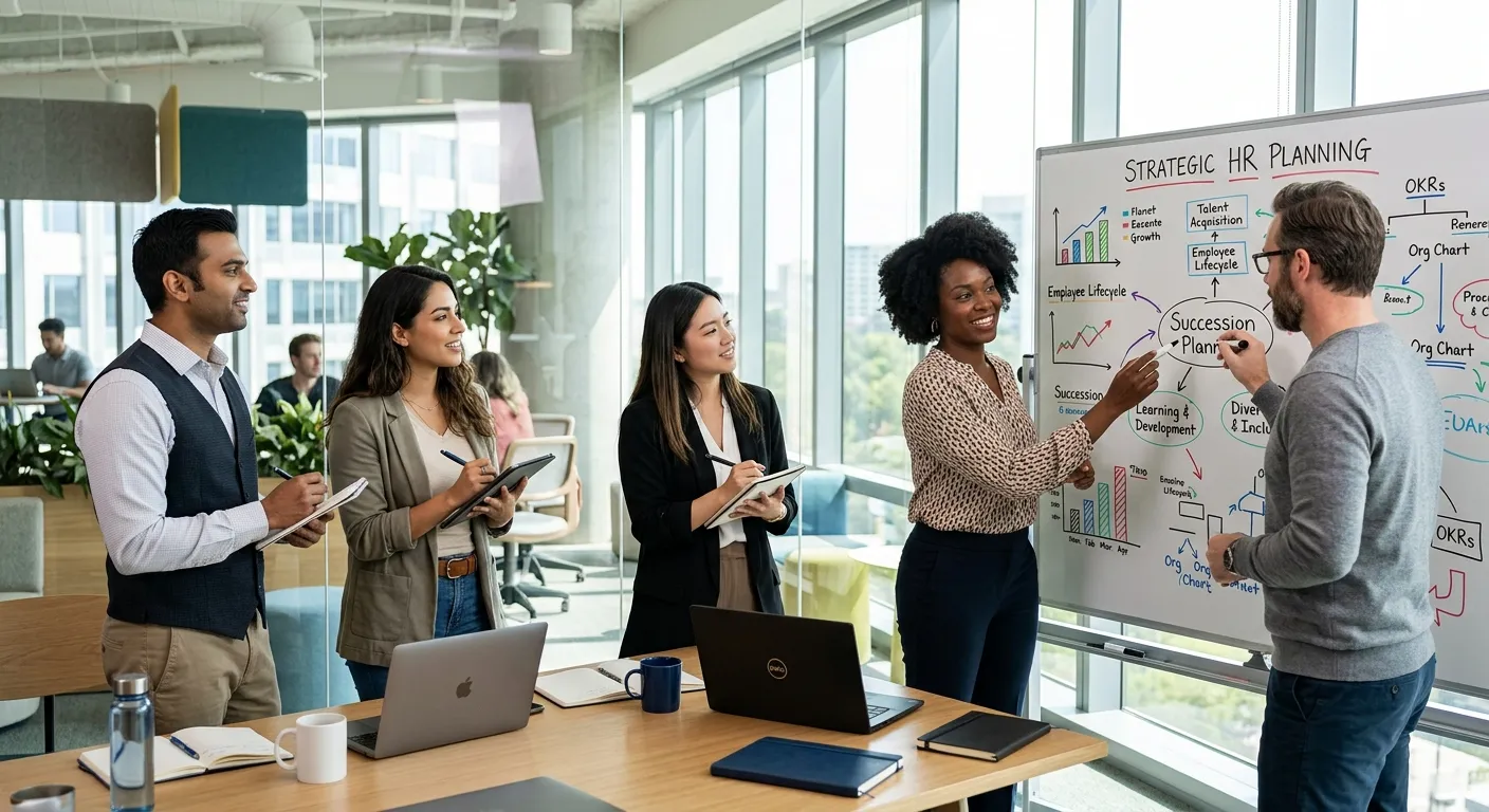 Modern, diverse team of professionals collaborating in a bright, sunlit office with a whiteboard full of strategic HR planning diagrams. Style: Professional, aspirational, high-resolution. Mood: Innovative, collaborative, and forward-thinking.