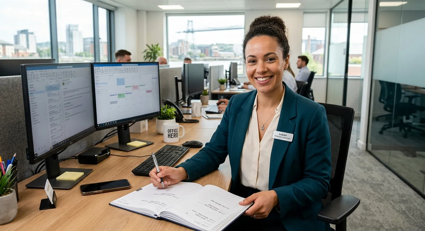 A professional, friendly Personal Assistant in a modern Newport NP10 office, confidently managing a... A professional, friendly Personal Assistant in a modern Newport NP10 office, confidently managing a diary and smiling at the camera, representing efficiency and trust.