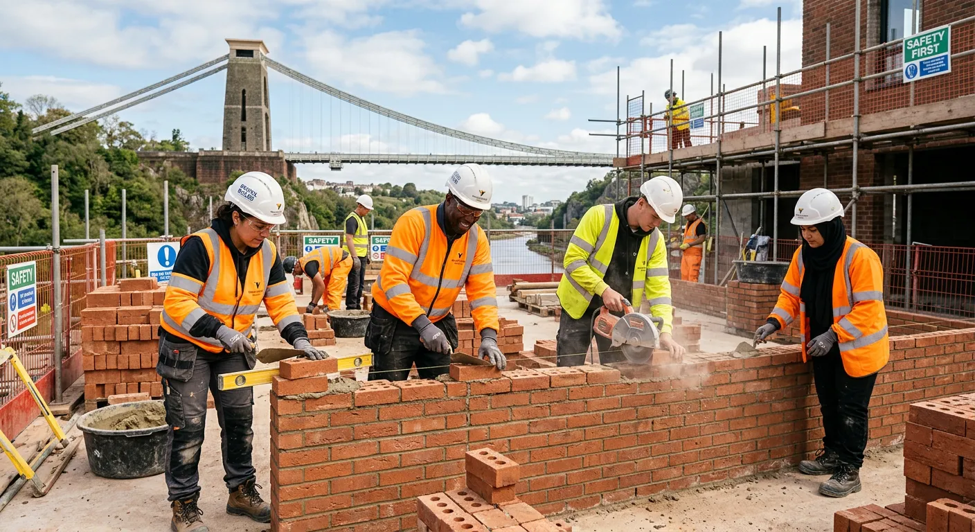 A dynamic, professional hero image showing a diverse team of skilled bricklayers at work on a modern... A dynamic, professional hero image showing a diverse team of skilled bricklayers at work on a modern construction site in Bristol, with the Clifton Suspension Bridge visible in the distant background. Focus on craftsmanship, safety gear, and a bright, productive atmosphere.