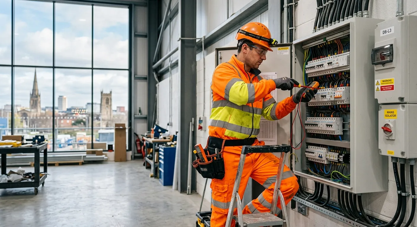 A professional electrician in high-visibility gear, working safely on a commercial electrical panel... A professional electrician in high-visibility gear, working safely on a commercial electrical panel in a modern industrial unit, with the Derby skyline subtly visible in the background. Style: Professional, trustworthy, action-oriented.