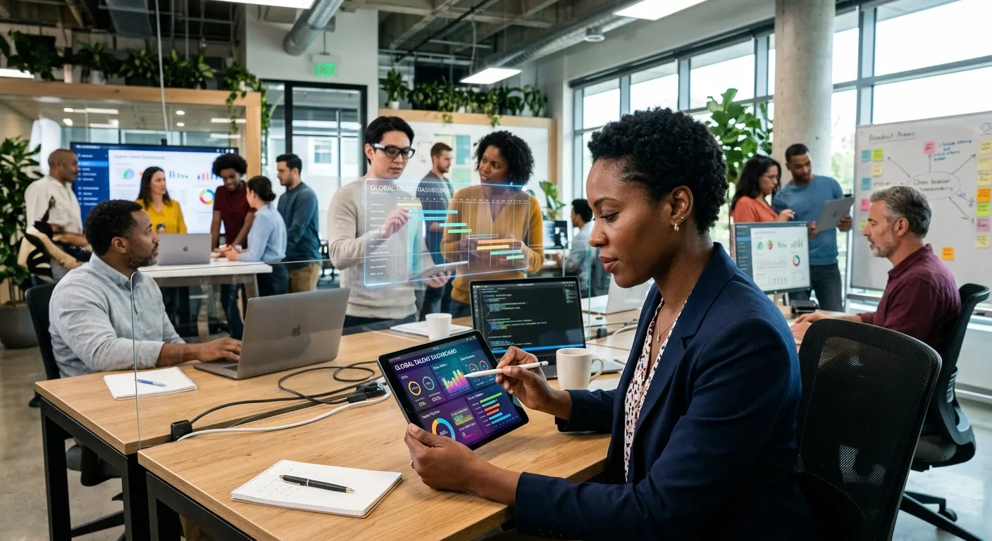 A modern, dynamic office environment with a diverse team of professionals collaborating. In the foreground, a manager reviews a digital talent dashboard on a tablet, while augmented staff work seamlessly in the background. Style: Professional, high-energy, focused on technology and human collaboration. Mood: Efficient, innovative, and scalable.