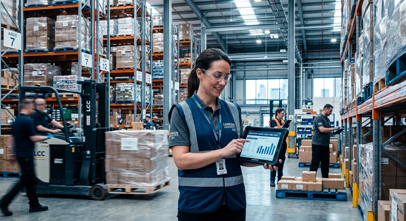 Professional, dynamic image of a Logistics Coordinator in a modern London SE1 warehouse or distribution centre, using a tablet to check inventory. The atmosphere is efficient and bustling, with a focus on the individual's professionalism. Style: modern, high-resolution, with a slight blue-toned filter.