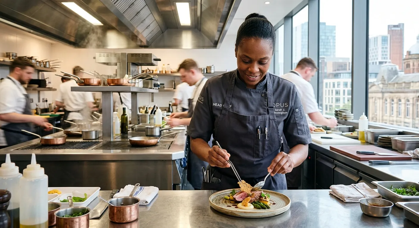 A professional, dynamic photo of a Head Chef in a modern kitchen in Birmingham, plating a dish. The... A professional, dynamic photo of a Head Chef in a modern kitchen in Birmingham, plating a dish. The kitchen is bright, clean, and busy, conveying a sense of professionalism and high-end culinary work. Mood: Inspiring and aspirational.
