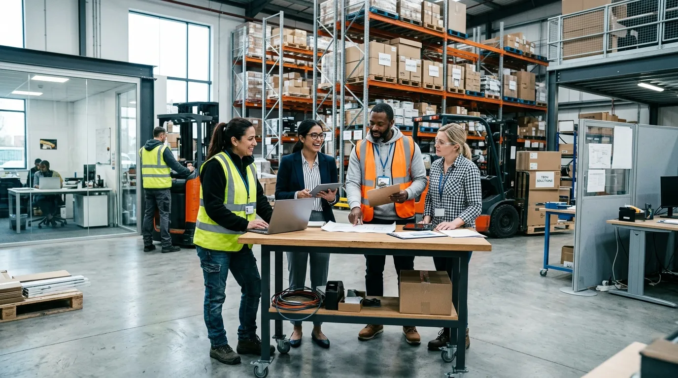 A dynamic, professional hero image showing a diverse group of temp workers in high-visibility vests... A dynamic, professional hero image showing a diverse group of temp workers in high-visibility vests and office attire collaborating in a modern warehouse-office hybrid space. The mood is energetic, efficient, and forward-looking, with a slightly desaturated, cool-toned filter.