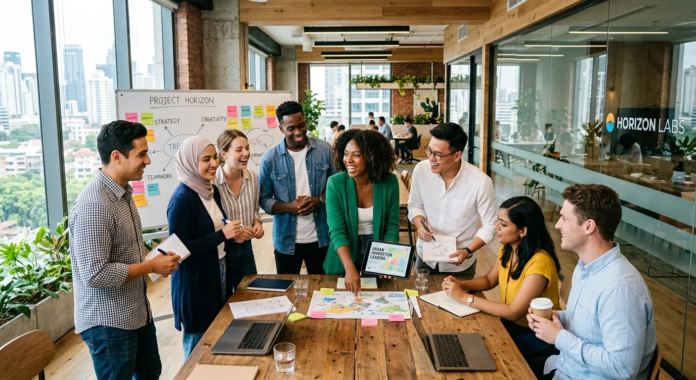 A diverse, energetic group of young adults in casual business attire smiling and collaborating in a... A diverse, energetic group of young adults in casual business attire smiling and collaborating in a bright, modern office environment, symbolizing fresh talent and new beginnings.