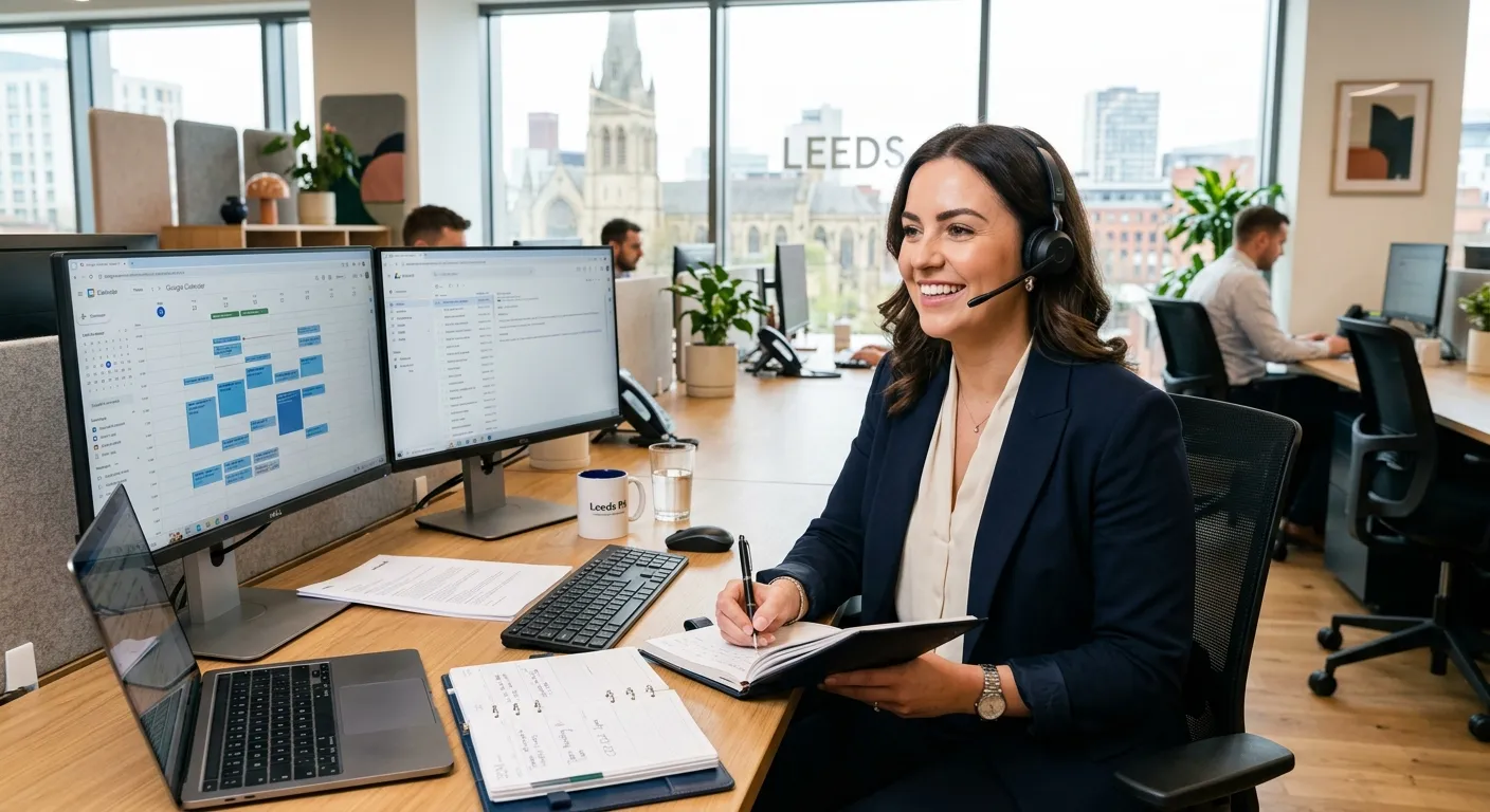 A professional, confident Personal Assistant working in a modern Leeds office, smiling while organis... A professional, confident Personal Assistant working in a modern Leeds office, smiling while organising a diary and speaking on a headset. The style is bright, aspirational, and focused on professional efficiency.