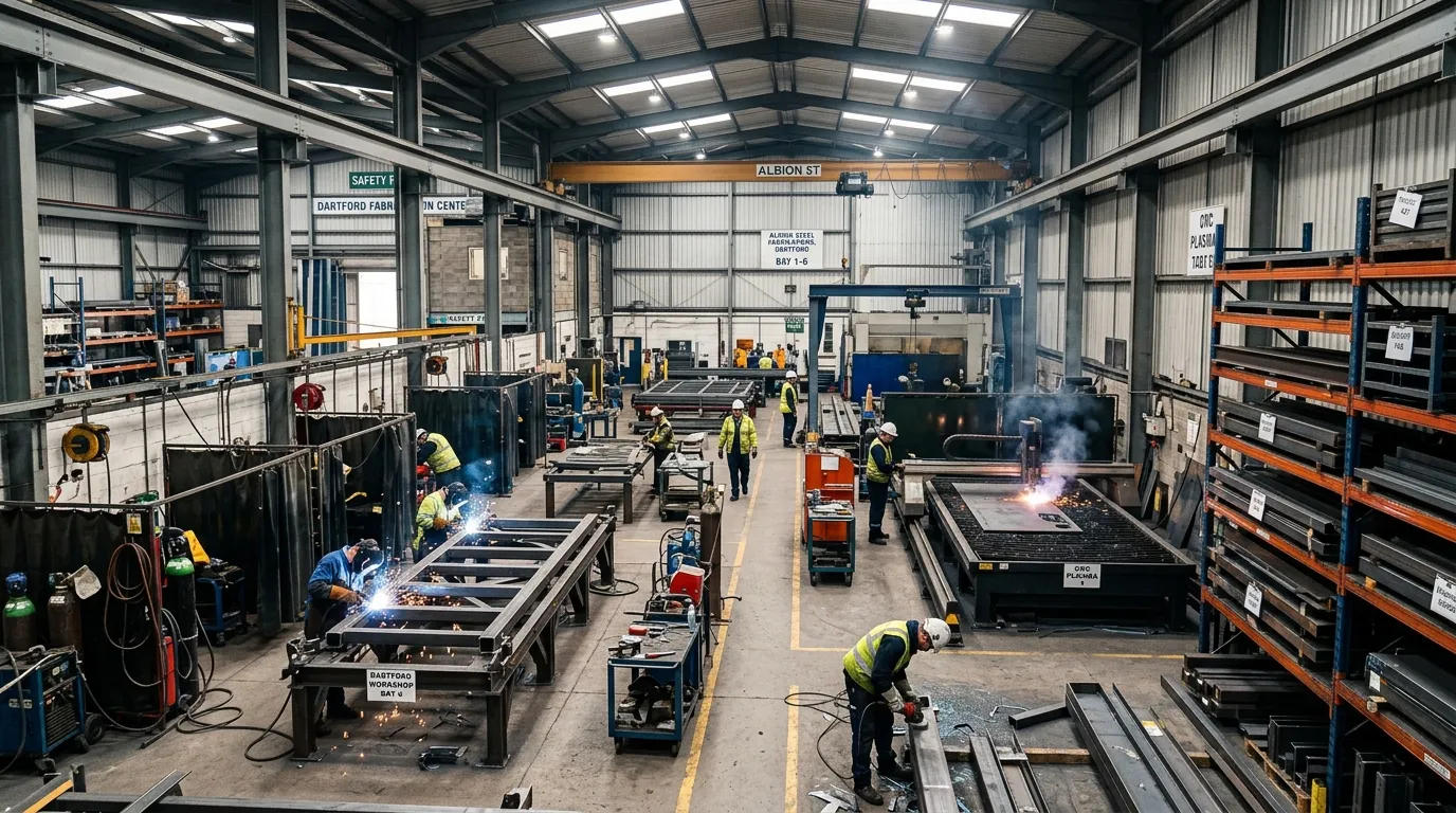 A detailed, wide-angle photo of a modern industrial fabrication workshop in Dartford, showing welder... A detailed, wide-angle photo of a modern industrial fabrication workshop in Dartford, showing welders at workstations, CNC plasma cutters, and racks of finished steel components.