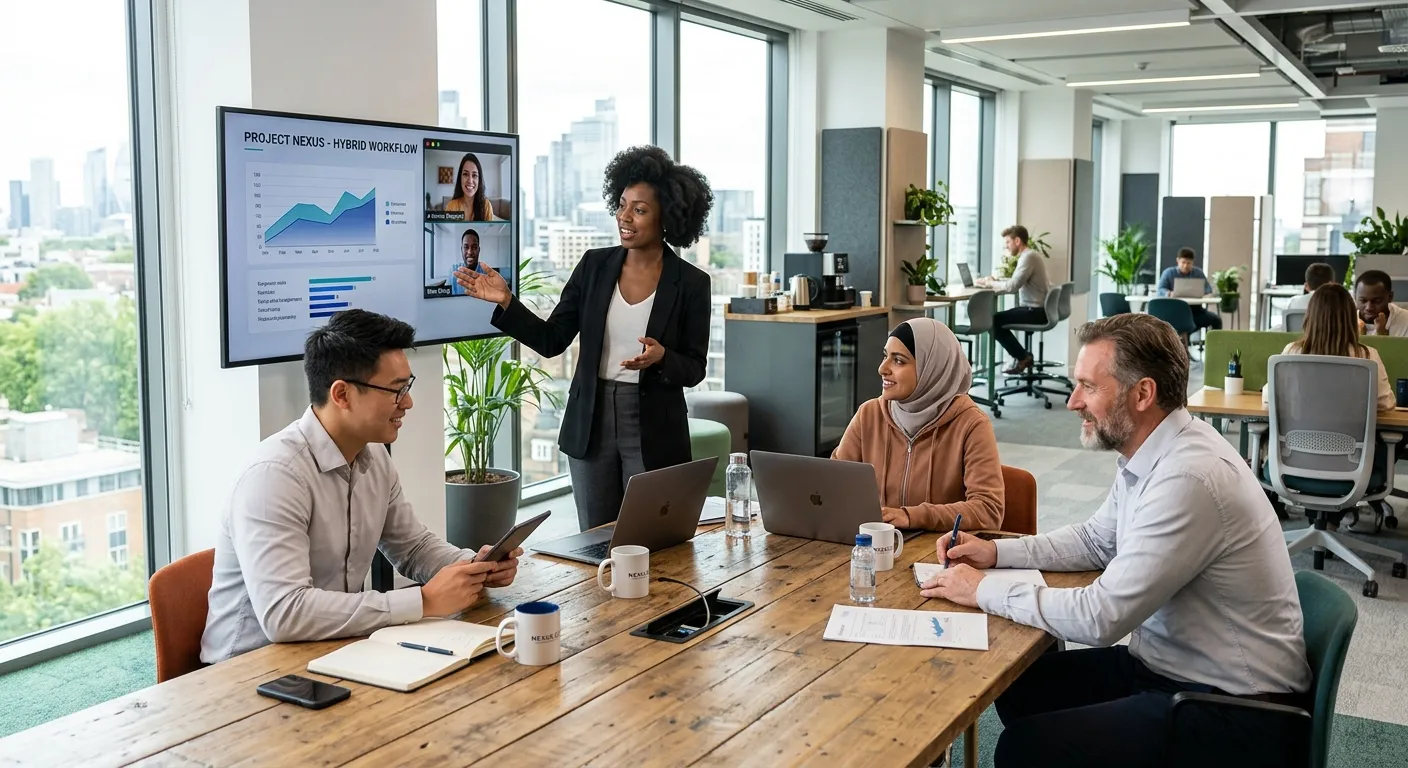 A diverse, professional team collaborating in a modern office with a hybrid work setup. Style: professional, bright, and dynamic. Mood: productive, innovative, and connected.