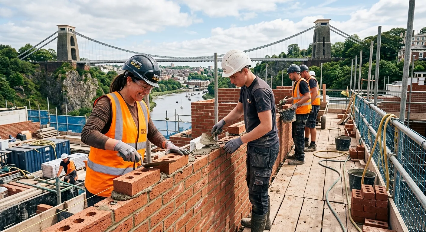 A professional, high-energy photograph of skilled bricklayers at work on a modern construction site... A professional, high-energy photograph of skilled bricklayers at work on a modern construction site in Bristol, with the Clifton Suspension Bridge visible in the background. Style is vibrant and aspirational, showing craftsmanship and teamwork.